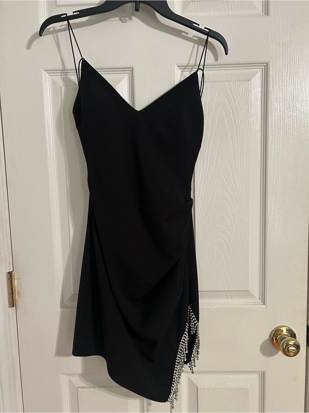 B Darlin Black Spaghetti-Strap Mini Dress with Rhinestone Fringe Accent